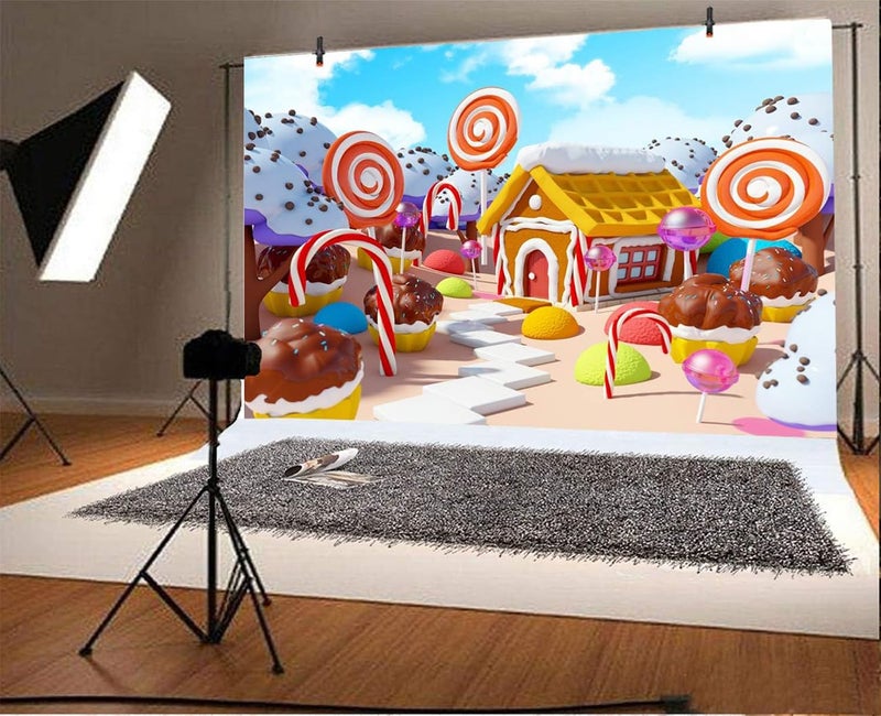 AOFOTO 5x3ft Kids Lollipop Candyland Photo Backdrop Vinyl Wallpaper Newborn Baby Sweet Cake Snow Covered House Candy World Cupcakes Photography Background Birthday Party Decor Photo Studio Props - Image 4